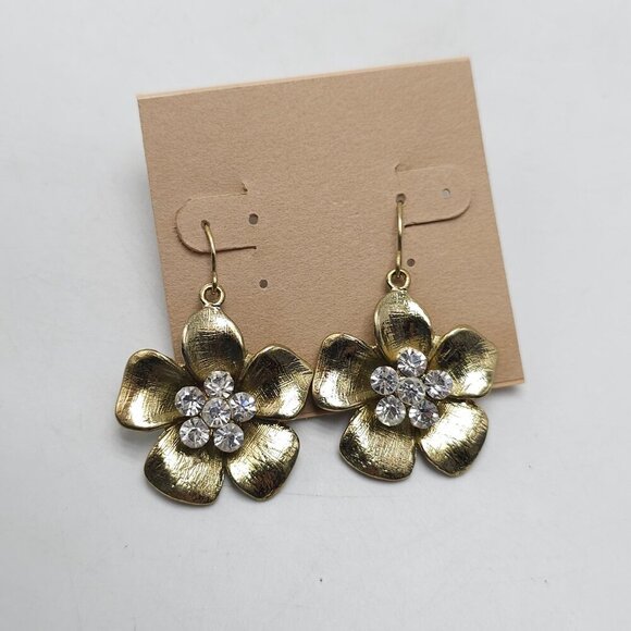 Gold Tone Flower Necklace Earrings Set Clear Rhinestone Adjustable Chain - Picture 2 of 11